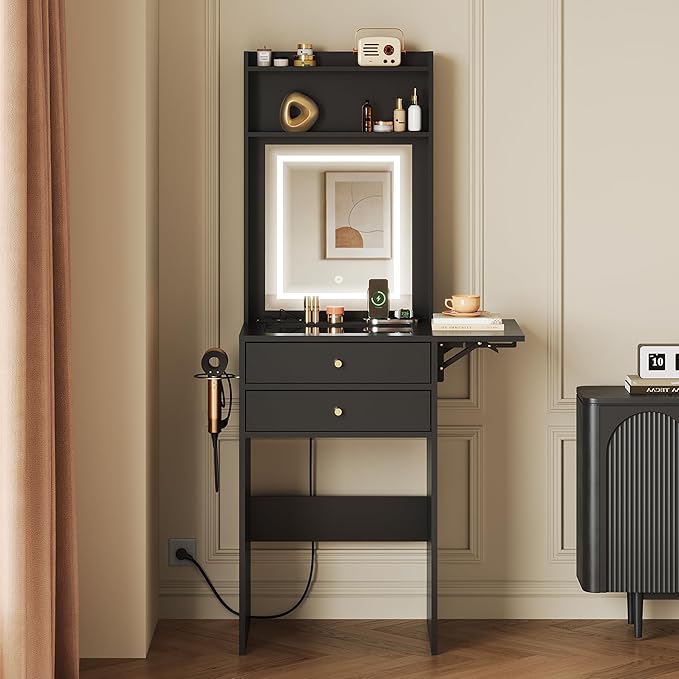 WLIVE Small Black Vanity Desk with Mirror and Lights, Compact Makeup Vanity Set with Fold-up Panel and Chair, Dressing Table with Charging Station for Small Space, Bedroom