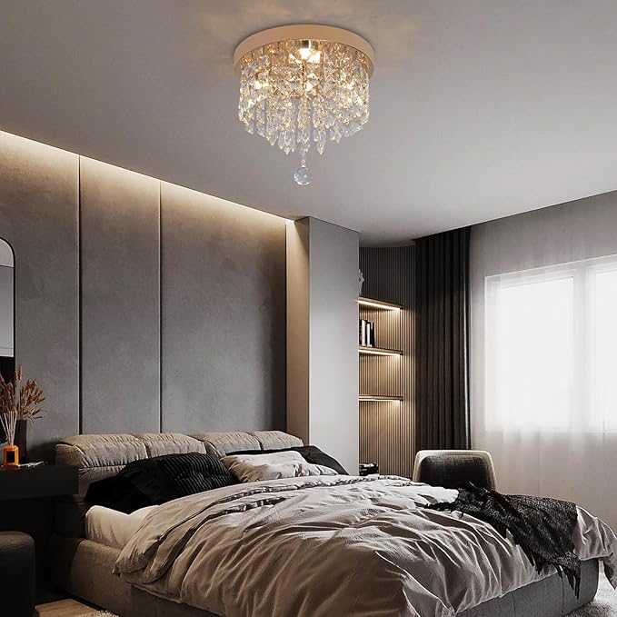 Deckrico Gold Crystal Chandelier Flush Mount Ceiling Light – Modern LED Lighting Fixture for Bedroom, Closet, Bathroom, Hallway – Warm Light