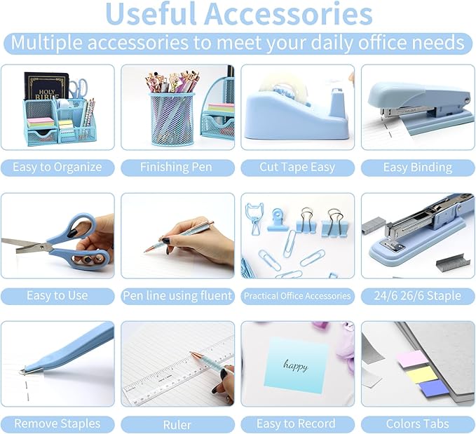 12 in 1 Desk Organizers and Accessories Set, Blue Gifts for Coworkers, Office Supplies Include Stapler Pen Holder Tape Holder Scissors Ruler Staple Remover for Home School