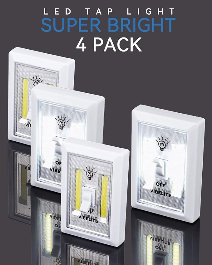 VIBELITE Closet Light, Battery Operated Switch Light, Tap Light, Touch, Push Night Lights, Wall Wireless Mount Under Cabinet, Shelf, Shed, Kitchen, Garage, Attic, RV, Lighting Installations (4-Pack)