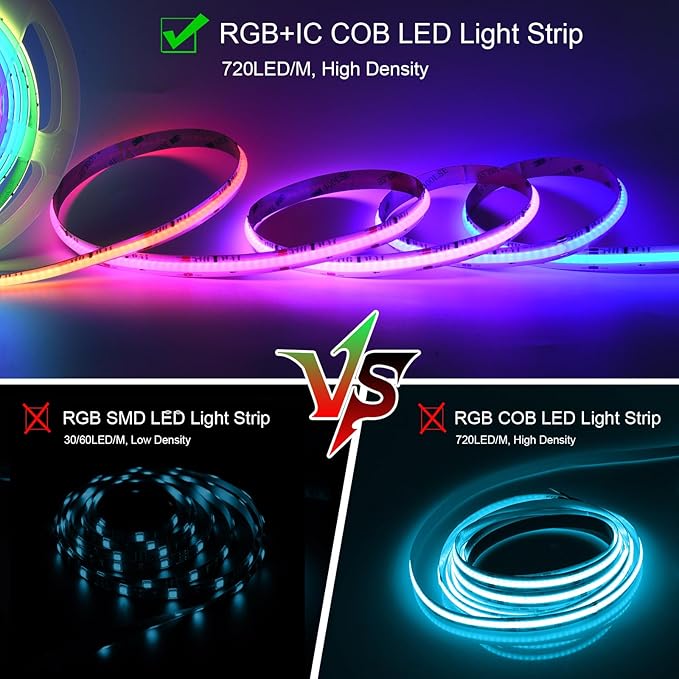 INDARUN RGB Smart IC COB Led Strip Light 32.8ft, 7200 LEDs 12mm Width, 24V Led Strip Lights Color Flowing Multicolor, Flexible Tape Light for TV Backlight, Smart Led Srtip Lights APP Control