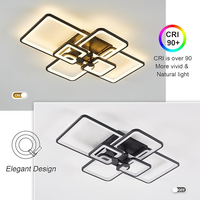 Modern LED Ceiling Light,6 Square Acrylic Black Modern Lighting Fixture Ceiling Lights for Living Room,Dimmable Lamp with Remote for Dining Room, Flush Mount Bedroom Light Fixture