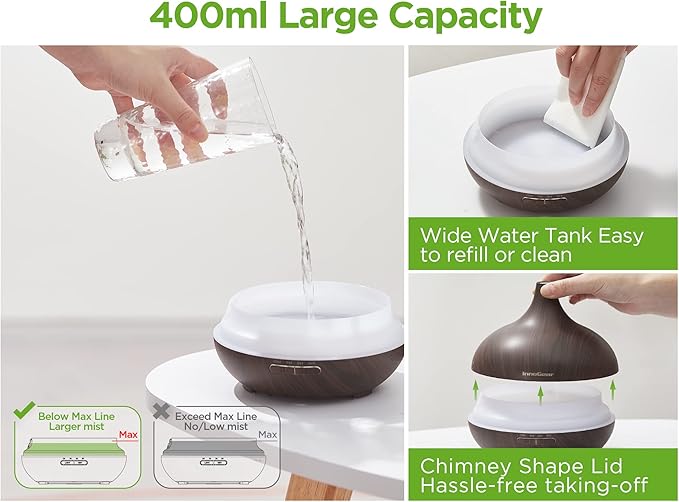 InnoGear Aromatherapy Diffuser & 10 Essential Oils Set, 400ml Diffuser Ultrasonic Diffuser Cool Mist Humidifier with 4 Timers 7 Colors Light Waterless Auto Off for Valentine's Gift, Dark Wood Grain