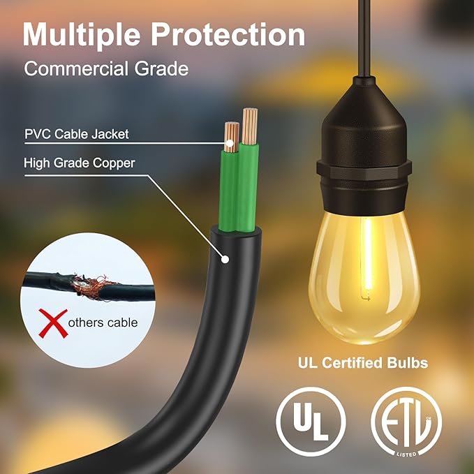 100FT LED Outdoor String Lights with 30+2 Shatterproof Bulbs, IP65 Waterproof, Commercial Grade Patio String Lights for Outside Porch Backyard Garden Deck Decor, 2700K Dimmable