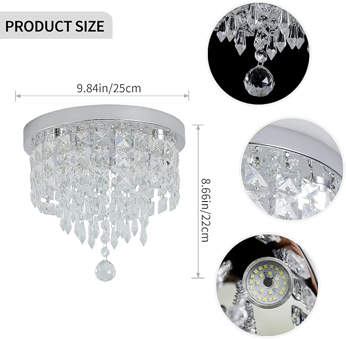 Deckrico Crystal Chandelier Flush Mount Ceiling Light Chrome Modern LED Lighting Fixture for Bedroom, Closet, Bathroom, Hallway – White Light