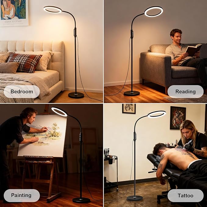 Bright 24W Dimmable LED Floor Lamps with Remote Adjustable Gooseneck Standing Light for Reading Makeup Tattoo Lash Extensions Black Modern Smart Tall Lamp Living Room Bedroom Office