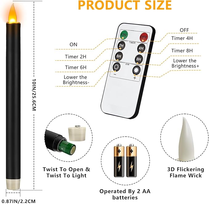 Flameless Taper Candles 10" Dripless Battery Operated Taper Candles Included Remote Timer 400+ Hours by 2AA Batteries for Halloween Christmas Wedding (Black, 12 Pack)