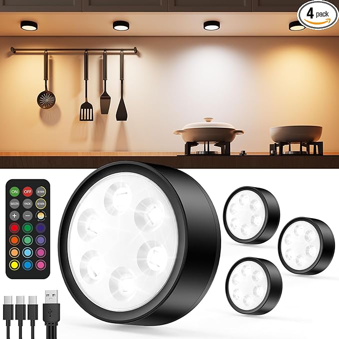 Rechargeable Puck Lights with Remote Control, 2400mAh Battery Operated RGB Under Cabinet Press Button Lighting Wireless LED Push Lights Stick on Magnetic Tap Lamp for Closet Kitchen Counter Display