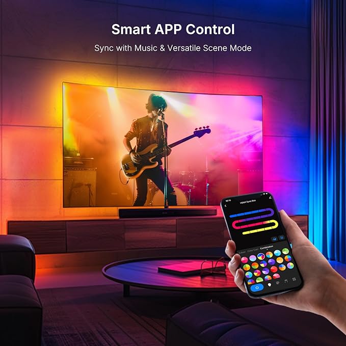 deerdance Smart TV LED Backlight with HDMI2.0 4K60Hz Sync, LED Strip Lights & App Controlled Color Changing for 55-65 inch TVs.