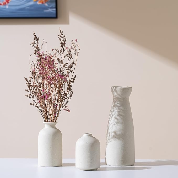Ceramic Small Vase Set of 3,Modern Boho Farmhouse Home Decor,Pampas Grass Vase,Minimalist Decor,for Entryway Table,Bookshelf,Living Room, Bedroom,Kitchen,Coffee Table Decoration (White)