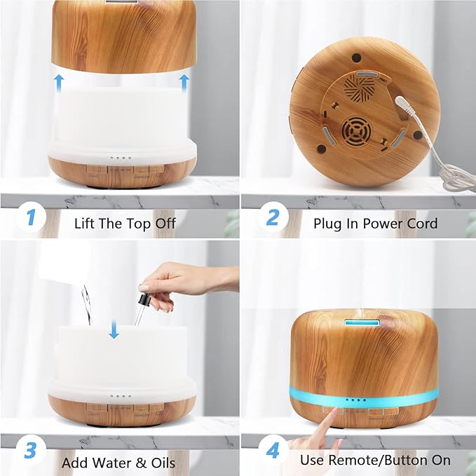Essential Oil Diffuser, 500ml Aromatherapy Diffuser With Remote Control, DAROMA Ultrasonic Aroma Diffuser Nebulizing Cool Mist Humidifier, 7 Color Mood Lights & Waterless Auto-Off for Home Office Gift
