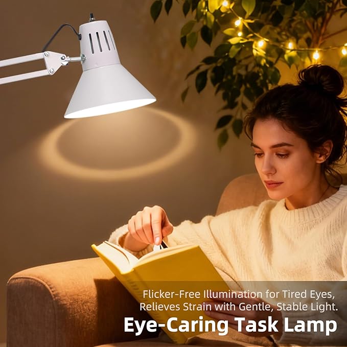 LED Desk Lamp With Clamp for Office Home, Eye-Caring Clip on Light with Adjustable Extra Tall Metal Swing Arm, High Intensity Clamp w/A19 E26 Bulb for Working Reading, 3000k Table Lamps Warm Light