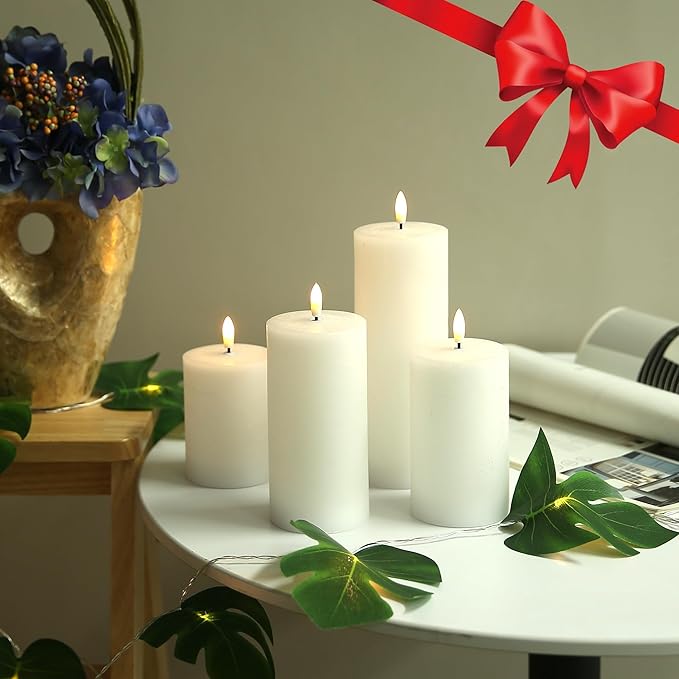 Flameless Candles, 4 Pack Battery Operated Candles with Remote, Real Wax LED Fake Candles with Timer Flickering for Christmas Wedding Home Party D3 H 5" 6" 7" 9" White
