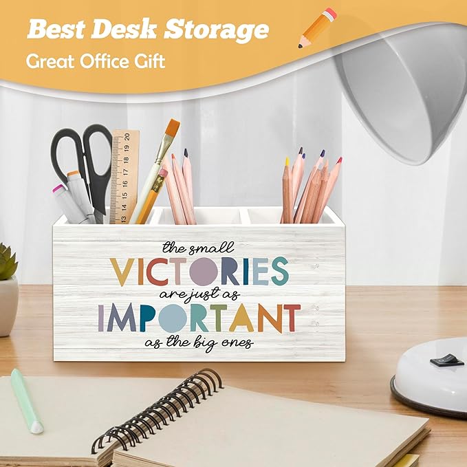 Boho Inspirational Pen Holder Organizer for Desk Accessories, the Small Victories Are Just As Important As the Big Ones Motivational Wooden Box Sign Desk Decorations for Home Office Decor