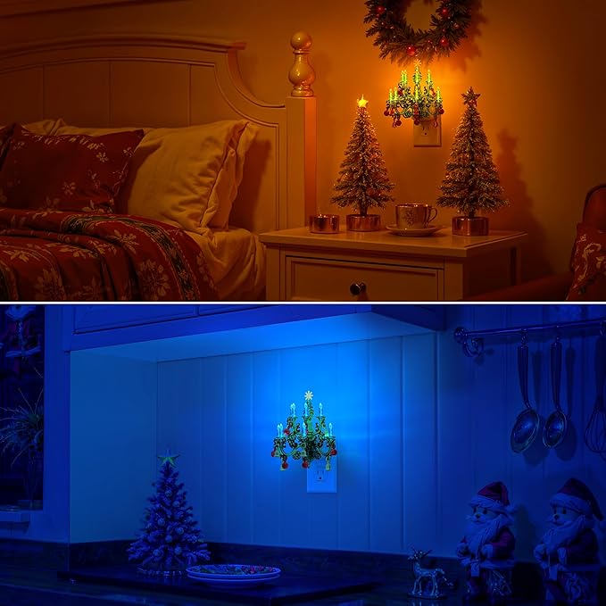 Briignite Christmas Night Light, RGB Color Changing Night Lights Plug into Wall, Chandelier Night Lights with Dusk to Dawn Sensor, Rotatble Plug in Nightlight for Christmas Decoration Party