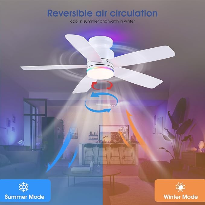 46 Inch White Flush Mount Ceiling Fans with Lights, 5 Blades Reversible, 6-Speed 2H Timer, RGB & 3 CCT Dimmable, Remote & APP Control for Bedroom Kidsroom