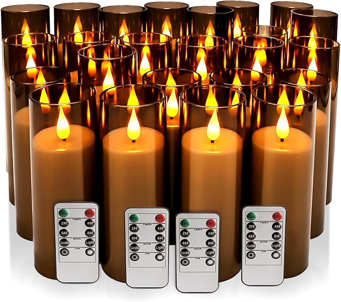24 Pack LED Gray Flameless Candles with Remote, 3D Flickering Battery Operated Candles in Glass Holders, Safe for Weddings, Parties, Home and Outdoor Decor.
