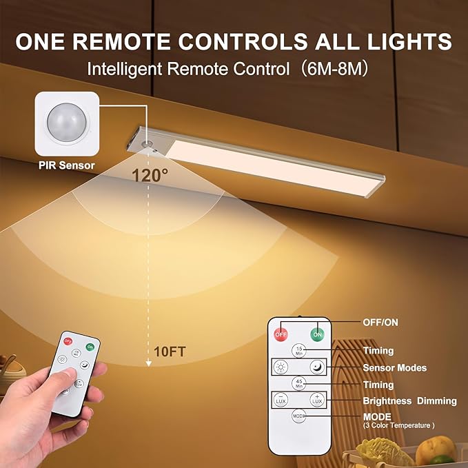 Under Cabinet Lighting 2 Pack, Wireless Motion Sensor LED Light, USB Rechargeable, Remote Control, 3 Color Dimmable, Magnetic Mount, Timer Function, 8-50 Days Runtime for Kitchen Cupboard Closet