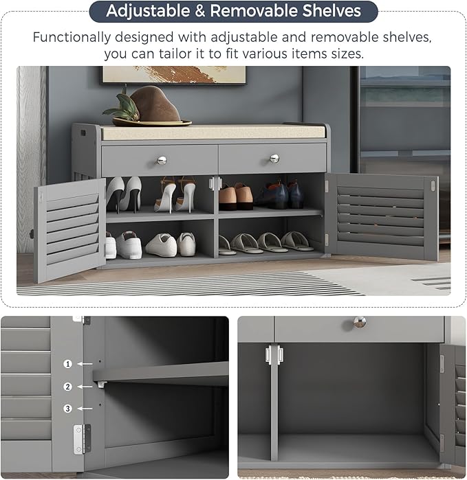 Shoe Storage Bench with Cushion, Shoe Bench, Padded Seat, 2 Drawer Storage, Entryway, Hold up to 300lbs, 15.8 x 32.29 x 18.1 Inches, Grey