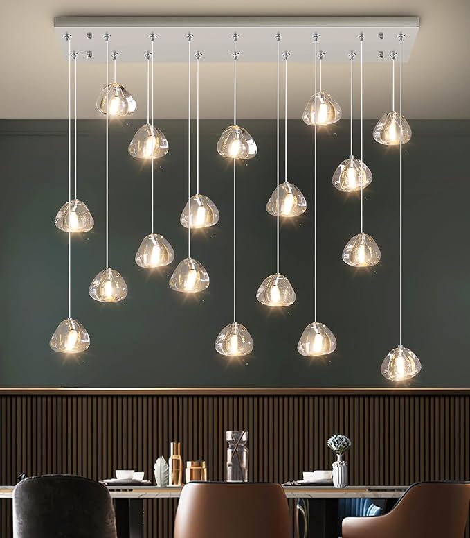 W35 x D11.8 x H118 Rectangular Chandelier Bubble Crystal Balls Glam Chandeliers Dimmable Light High Ceiling Pendants Light Fixtures Adjustable Long Lights Brushed Nickel
