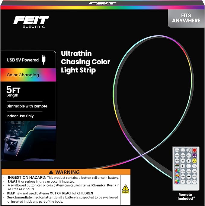 Feit Electric 5ft Indoor LED Light Strip, Dimmable, 0.1-Inch Wide, Multi-Color Chasing, USB-Powered, Filling & Stacking Patterns for Car Dashboards, Desks, Shelves & Furniture, TAPE60/TCOB/RGB/USB