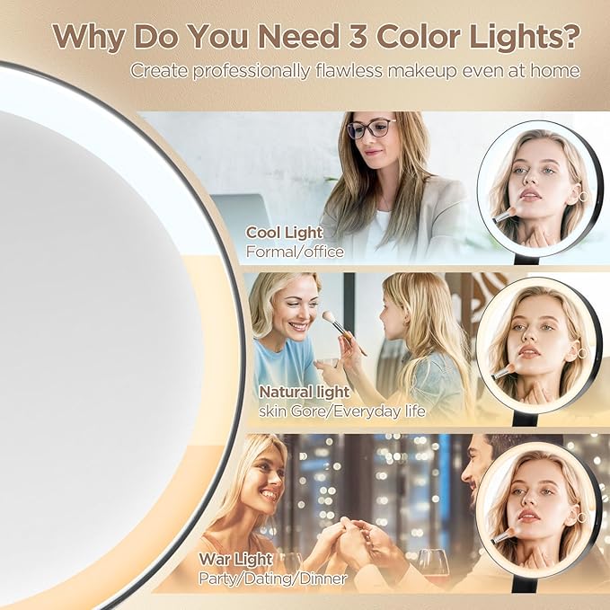 Lighted Makeup Mirror with 3 Color Modes & Dimmable Brightness, 360° Rotation, Double-Sided 1X/10X Magnifying Mirror, Rechargeable Portable Vanity Mirror for Home and Travel, Touch Control - White