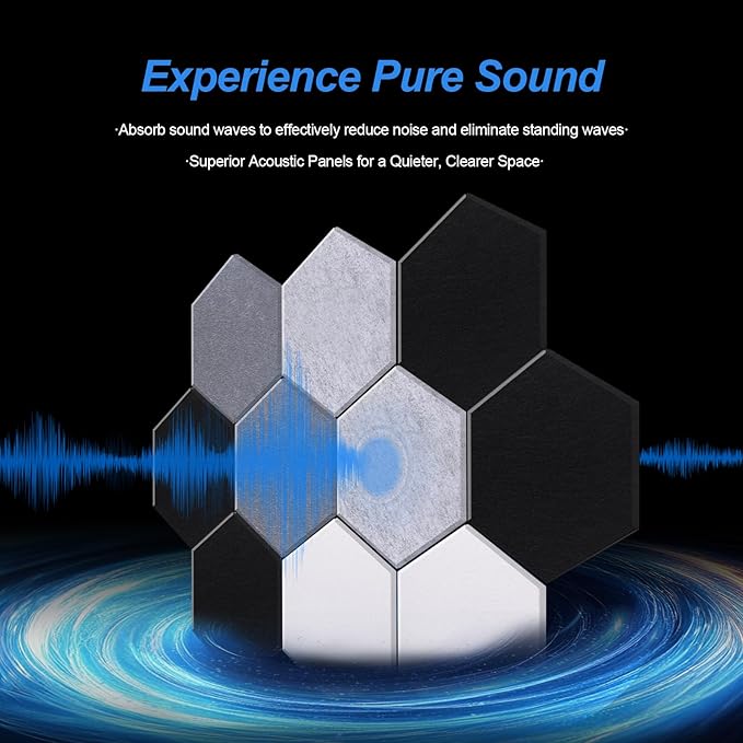 Mollywell Hexagon Acoustic Panels 14x12 - Reduce Echo & Reverb, Noise Blocking Wall Tiles for Studio & Home Office, Silver Gray, Moon Gray, Black, White Sound Absorbing Panels