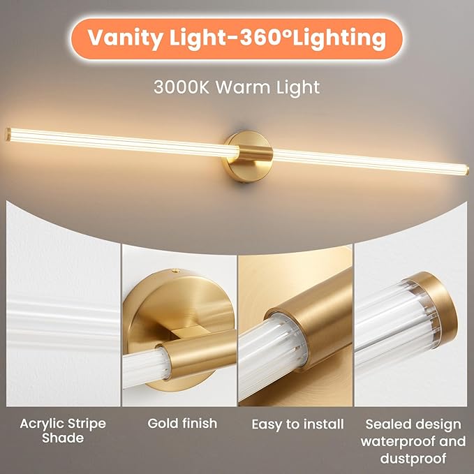 Gold Bathroom Vanity Lights 47 inch Long Bathroom Light Fixtures Over Mirror Hardwired, Dimmable LED 360° Full Lighting Modern Vanity Light Bar Wall Sconce Warm Light for Bedroom Living Room