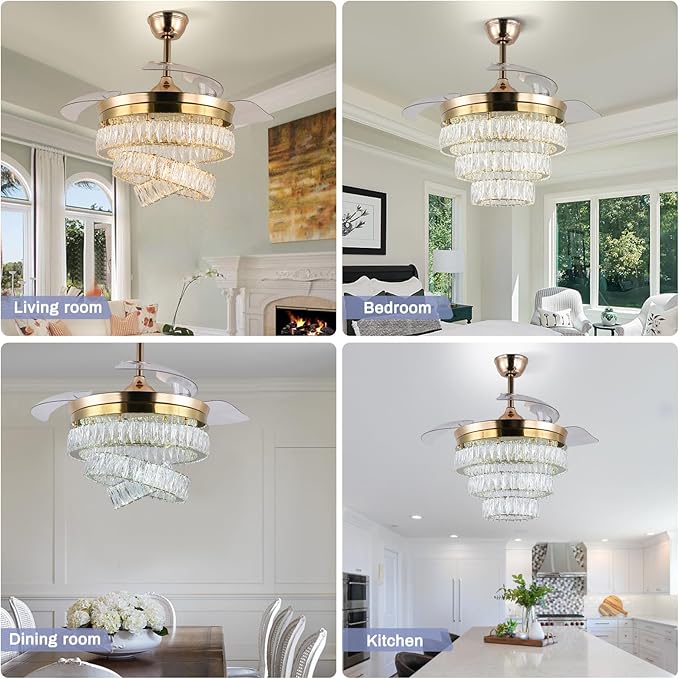Finktonglan 42'' Dimmable Chandeliers Fan, Crystal Ceiling Fan with Lights with APP & Remote Control, Gold Fandelier Ceiling Fan, 3 Color Change, 6 Speed Reversible Fandeliers, Circulating Air