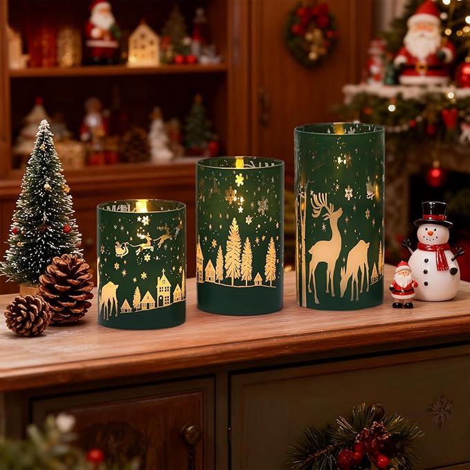Wondise Christmas Reindeer LED Flameless Candles with Remote Timer, Electroplate Glass Battery Operated Real Wax Flickering 3D Wick Pillar Candles for Christmas Holiday Home Decoration