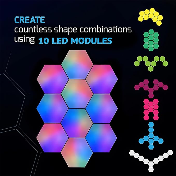 STONEBROOK Smart RGB + IC Hexagon Light Panels, DIY Wall Lights with Music Sync, Alexa & Google Assistant, Wi-Fi App Control,Gaming Lights for Gaming Setup, Gaming & Bedroom Decor (10-Pack)