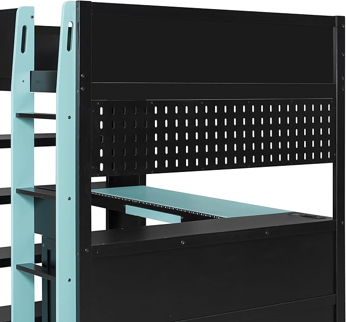 Full Size Gaming Loft Bed with Integrated Desk & RGB LED Lights,Bunk Bed with Power Outlet, Large Bookshelf, Pegboard, Keyboard Tray & Drawer (Blue-Bo, Full)