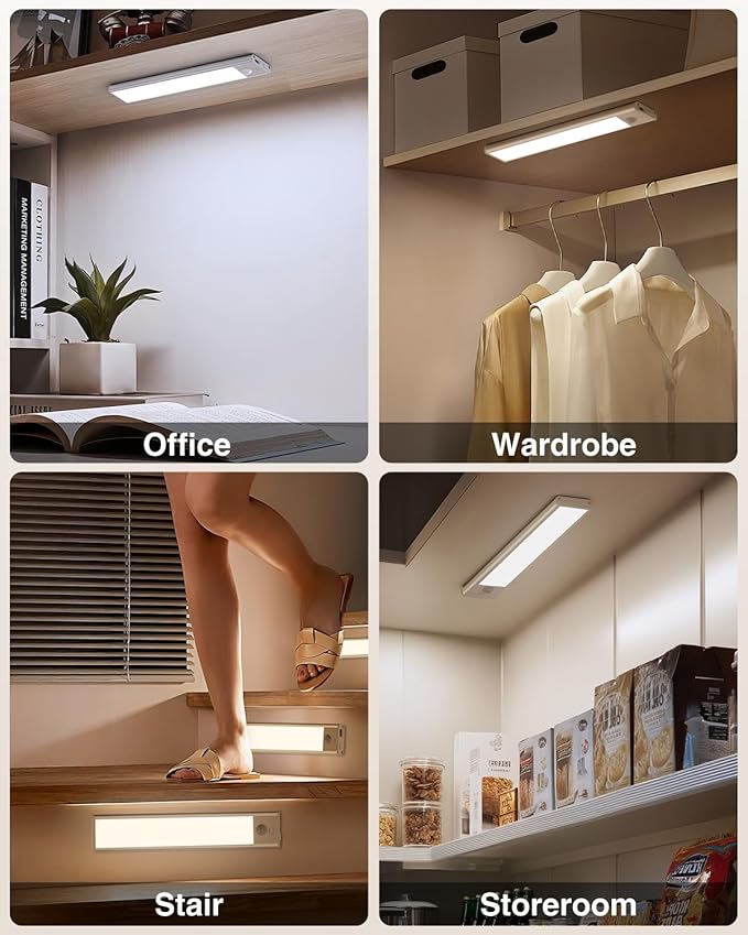 LED Under Cabinet Lighting, Battery Operated Motion Sensor Light Indoor Wireless, 3 Color Temps, USB Rechargeable Closet Light, Dimmable Under Counter Lights for Kitchen Stairs Closet Pantry, 2 Pack