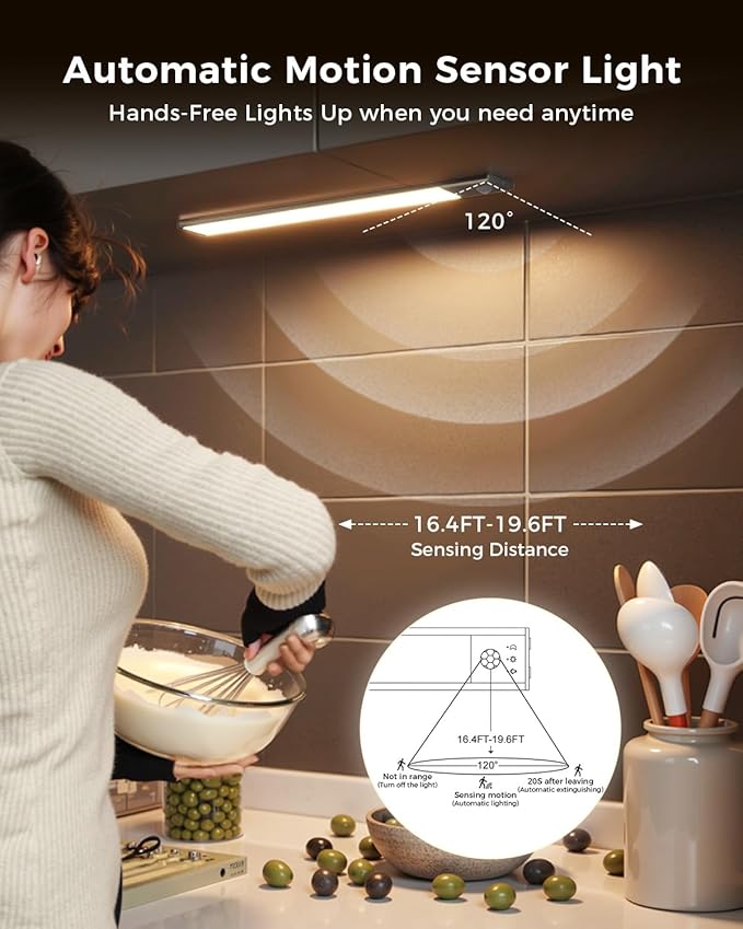 11.8in Motion Sensor Cabinet Light, 2 Pack Under Cabinet Lighting with 4 Modes (Auto Night/Day/Always On/Off), 3 CCT & Stepless Dimming, USB Type-C Charging, for Kitchen, Stairs