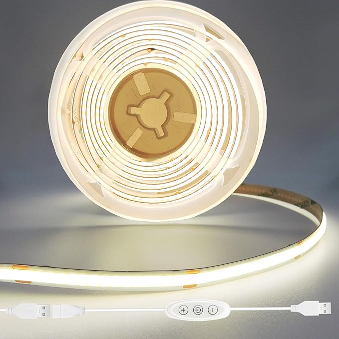 COB LED Strip Lights Natural White 4000K CRI92+ Flexible&Cuttable DC 5V 6 ft Led Light Strip Short with Dimmer Switch for Desk Cabinet Home Office DIY Lighting Decoration