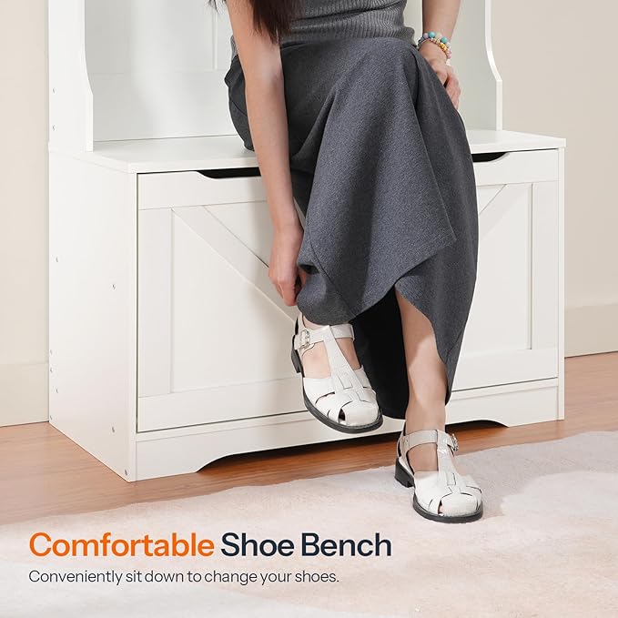 HOOBRO Hall Tree with Bench and Shoe Storage, Entryway Bench with Coat Rack and Shoe Cabinet, Flip-Down Cabinet Door, Coat Rack with Shoe Rack, for Mud Room, White WT84MT01