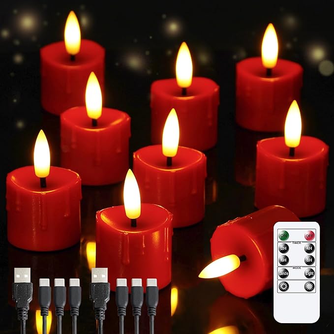 Rechargeable Flameless 1.6" x2.5" Tea Light Candles with Remote & Type-C Charging Cable, Timer LED Flickering Red Plastic 9pcs Mini Dripping Wax Votive Tealight