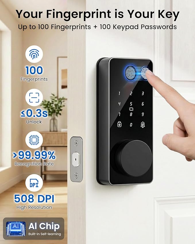 Smart Deadbolt Lock, Fingerprint Keyless Entry Door Lock App Control, Electronic Touchscreen Keypad, Auto Locking, IP54 Weatherproof, Easy Install Digital Deadbolt for Front Door