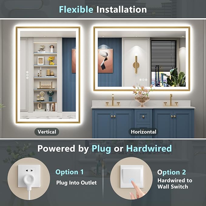 66x40 Gold Beveled LED Bathroom Mirror with Lights, Brushed Gold Framed Backlit and Front Lit Anti-Fog Lighted Vanity Mirrors for Bathroom Wall, Dimmable, 3 Colors, Memory, HD Tempered Glass