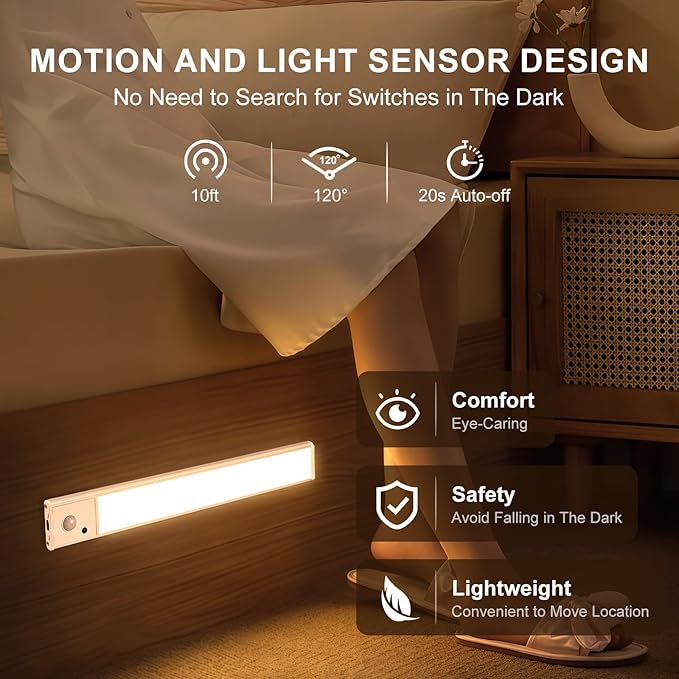 Under Cabinet Lighting 2 Pack, Wireless Motion Sensor LED Light, USB Rechargeable, Remote Control, 3 Color Dimmable, Magnetic Mount, Timer Function, 8-50 Days Runtime for Kitchen Cupboard Closet