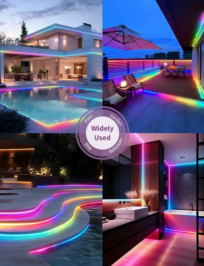 80ft/24m COB LED Strip Lights Outdoor, Smart RGB IC IP67 Waterproof Dimmable Color Changing Tape Light with App Remote Control & Music Sync, for Eave, Patio, Pool & Party DIY Decorations(2 Rolls)