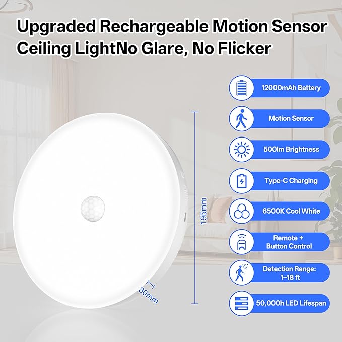 Homelist 2026 New 12000mAh Rechargeable Ceiling Light, Motion Sensor Ceiling Light with Remote, Battery Operated Closet Light for Shower, Garage, Porch, 6500K Cool White, 2 Pack