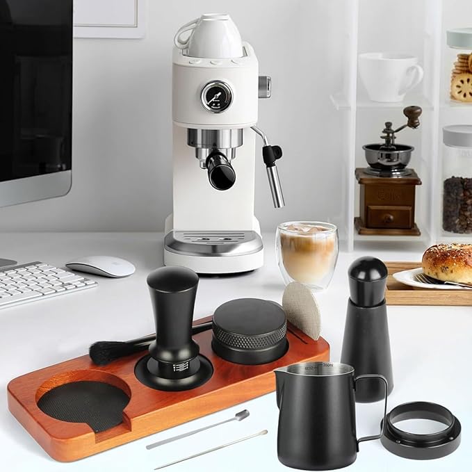 54mm Espresso Accessories 10 PCS - WDT Tool Kit， Coffee Tamper with Wood Espresso Tamping Station， Frothing Pitcher, Distributor, Stirrer, Dosing Funnel, Brush, Puck Screen， Latte Art Pen