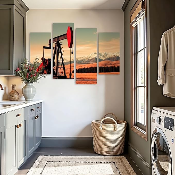 Canvas Wall Art Prints Pictures Oil Gas Pump Mountains Framed Posters Modern Wall Painting Artwork Gift Home Decor for Living Room Ready to Hang 4 Panel