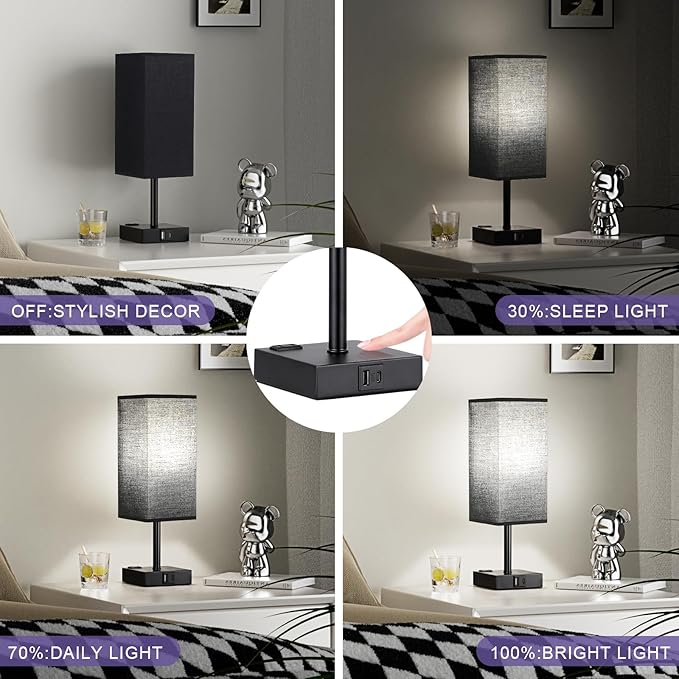 aooshine Black Lamp for Bedroom-Touch Lamp with USB-C+A and AC Outlets,3 Way Bedside Nightstand Square Table Lamp for Kids, Guest Room Living Rroom,Office, 800 Lumens 5000K Daylight Bulbs Included