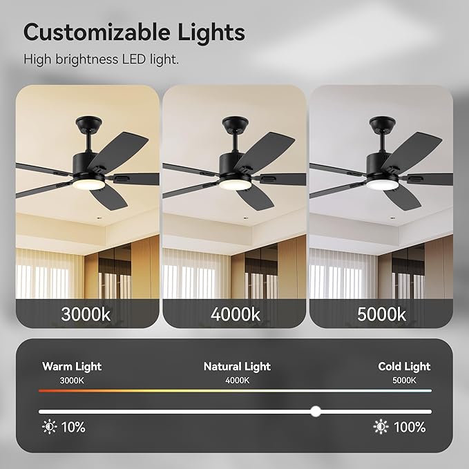 SUNMORY 52" Ceiling Fans with Lights, Smart Ceiling Fan with APP and Remote Control, Reversible DC Motor, Noiseless, Stepless Dimmable, Modern Ceiling Fan for Indoor/Outdoor Use, Black