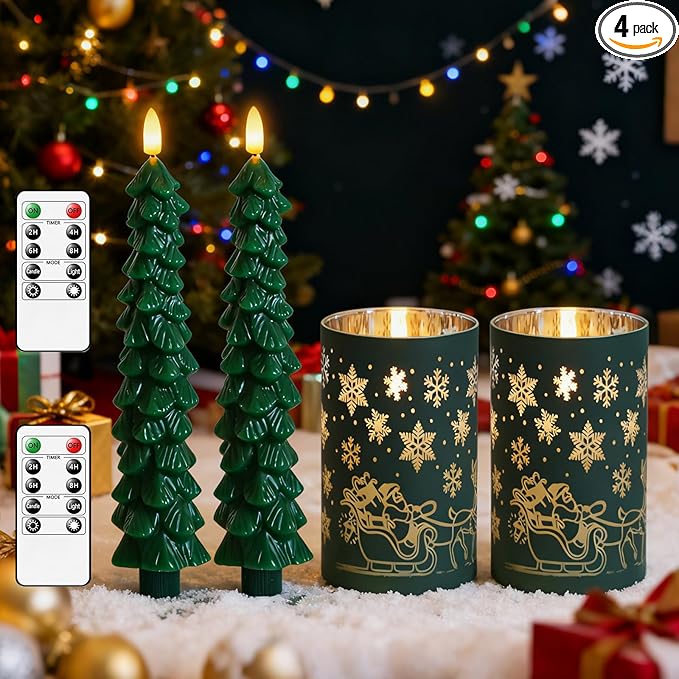 Lezonic Christmas Flameless Candles with Remote, Green Christmas Tree Flickering Battery Operated Window Candlesticks, Glass Flameless Xmas New Year Decorations Gifts, Set of 4 Real Wax LED Candles