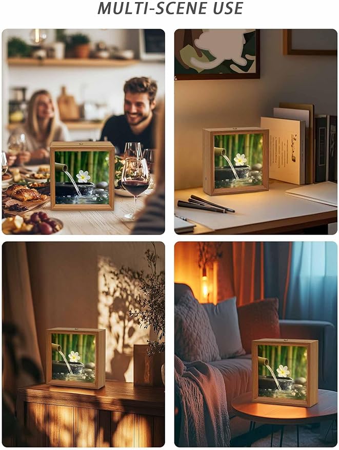 Wood Night Light Box 4.5x4.5in,Zen Meditation Plumeria Flower Table Lights Wooden Picture Frame with USB Rechargeable Touch LED Lights for Home Decor Desktop Display,Flowing Water Forest