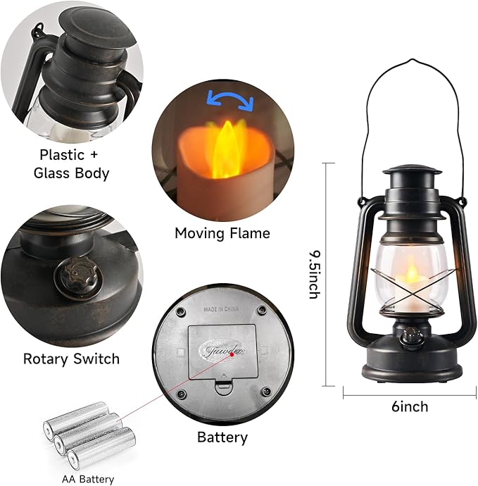 2-Pack Vintage LED Lanterns with Moving Flame Flickering- 9.5" Decorative Flameless Battery Operated Lamps with Timer for Outdoor Garden, Patio & Indoor Decor - Bronze