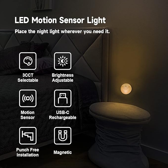 LED Night Light, Rechargeable Closet Light, Dusk to Dawn Sensor, Small Nightlight Automatically Turn On & Off, Compact Size, Adjustable Brightness & Color, 2 Pack